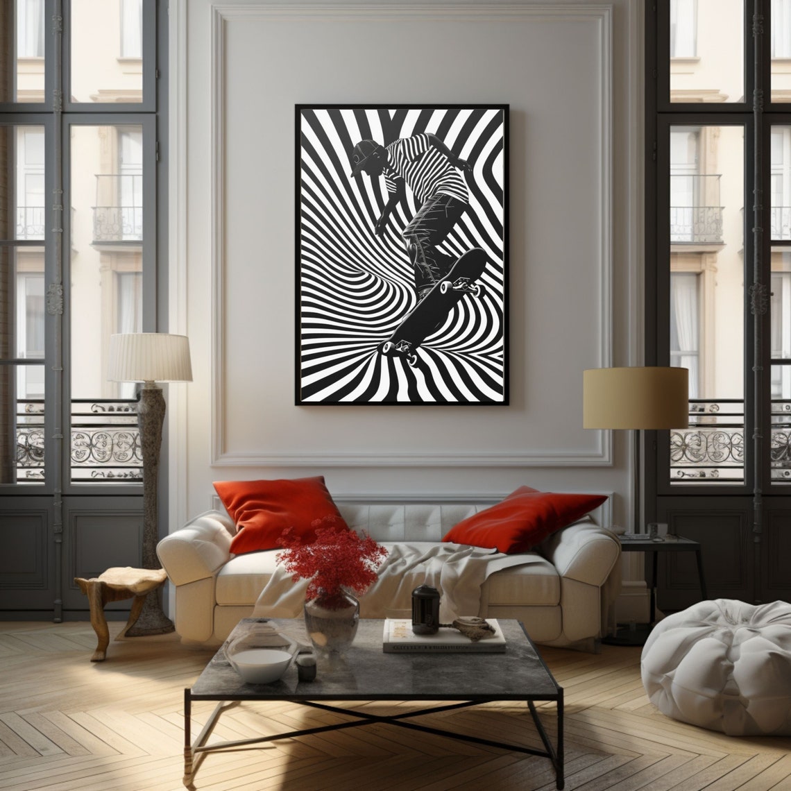 Skateboarder In A Black And White Psychedelic Zebra Swirl Poster