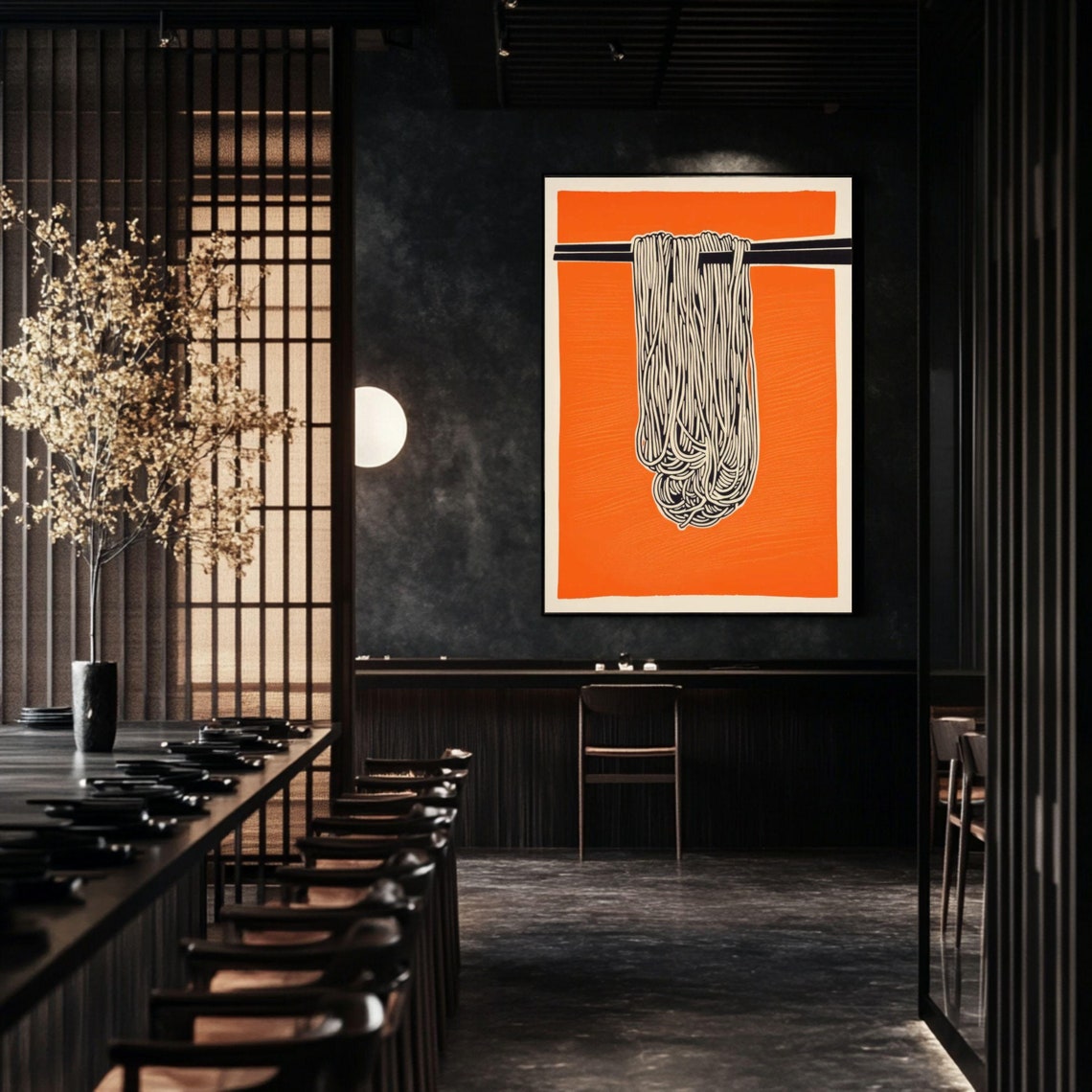 Minimalist Chopsticks Lifting Noodles on a Bold Orange Art Poster