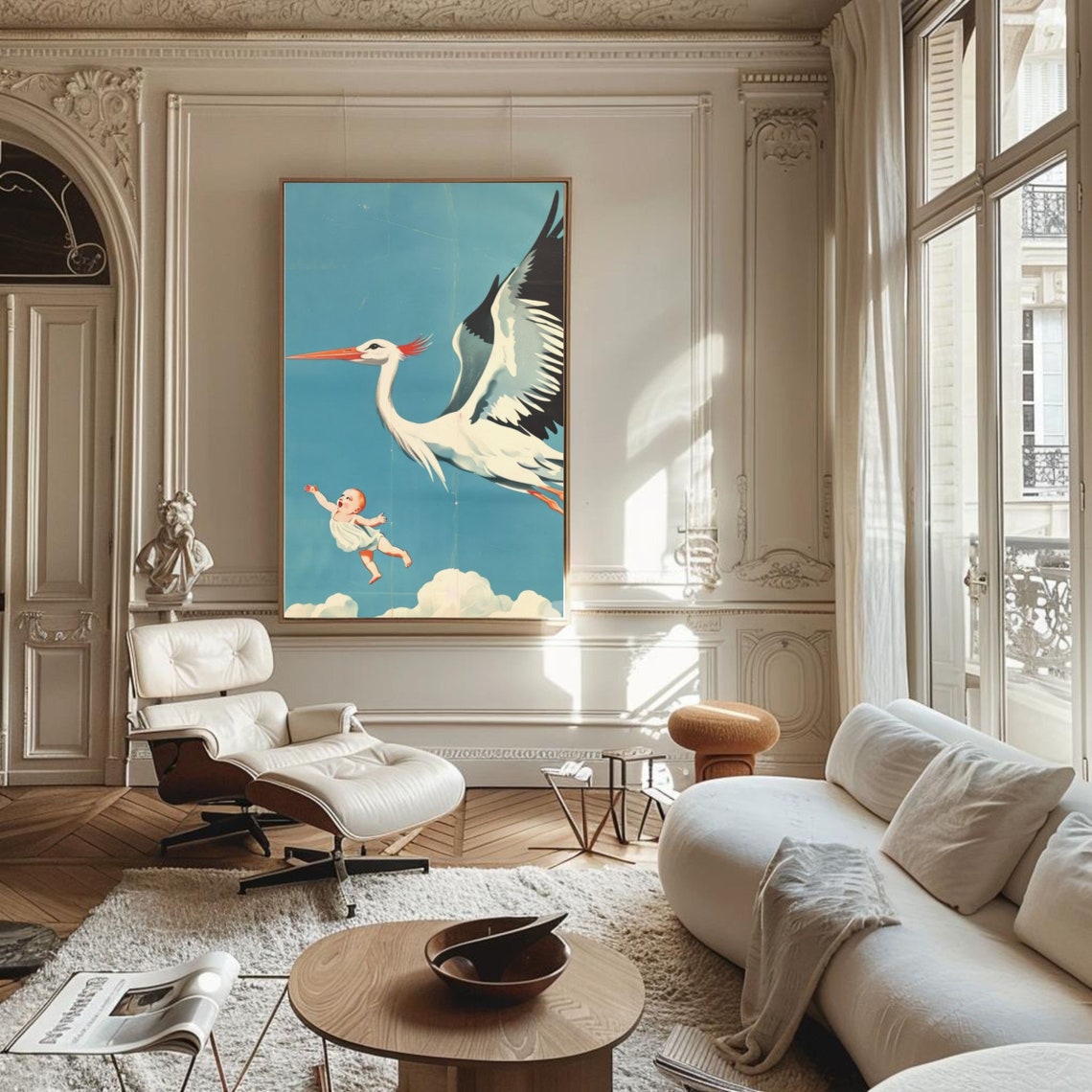 Vintage Stork Carrying Baby Across Blue Sky Retro Art Poster