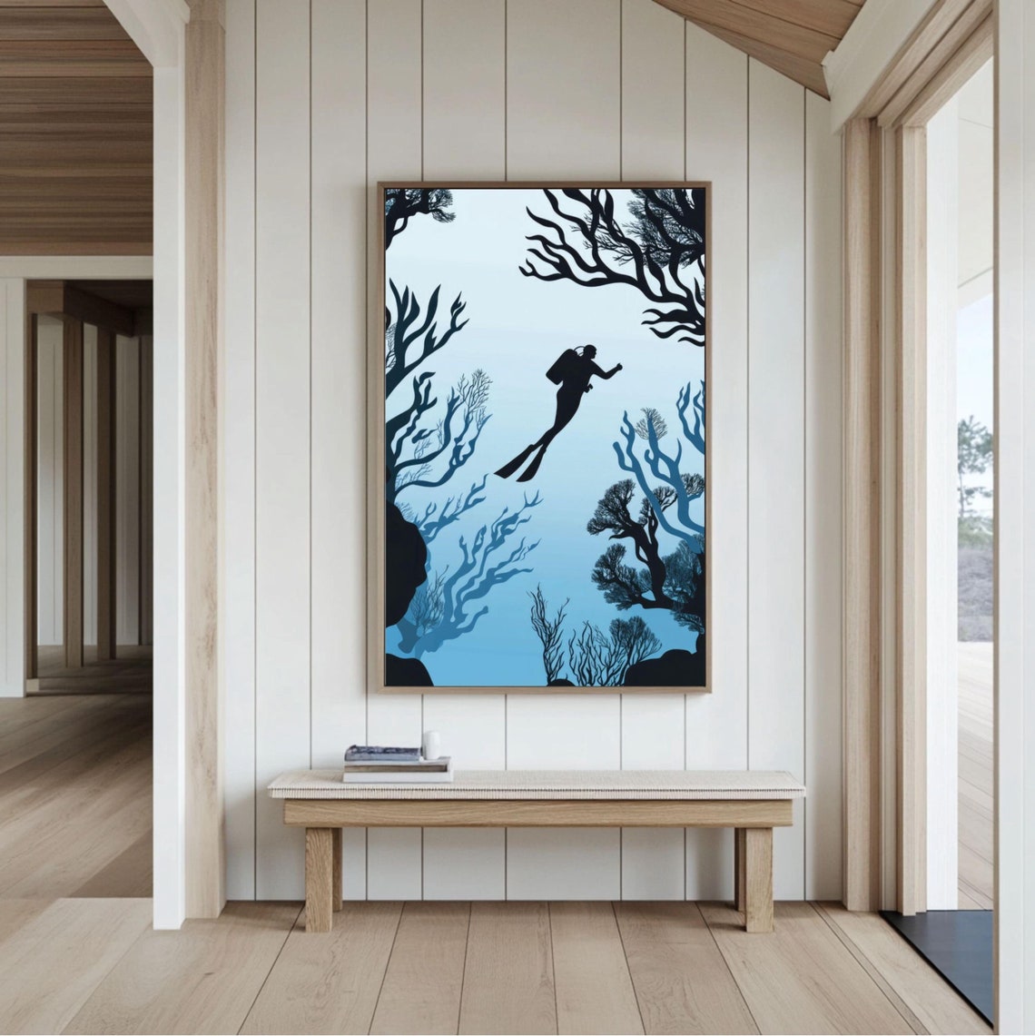Scuba Diver Silhouette Swimming Through Coral Underwater Poster