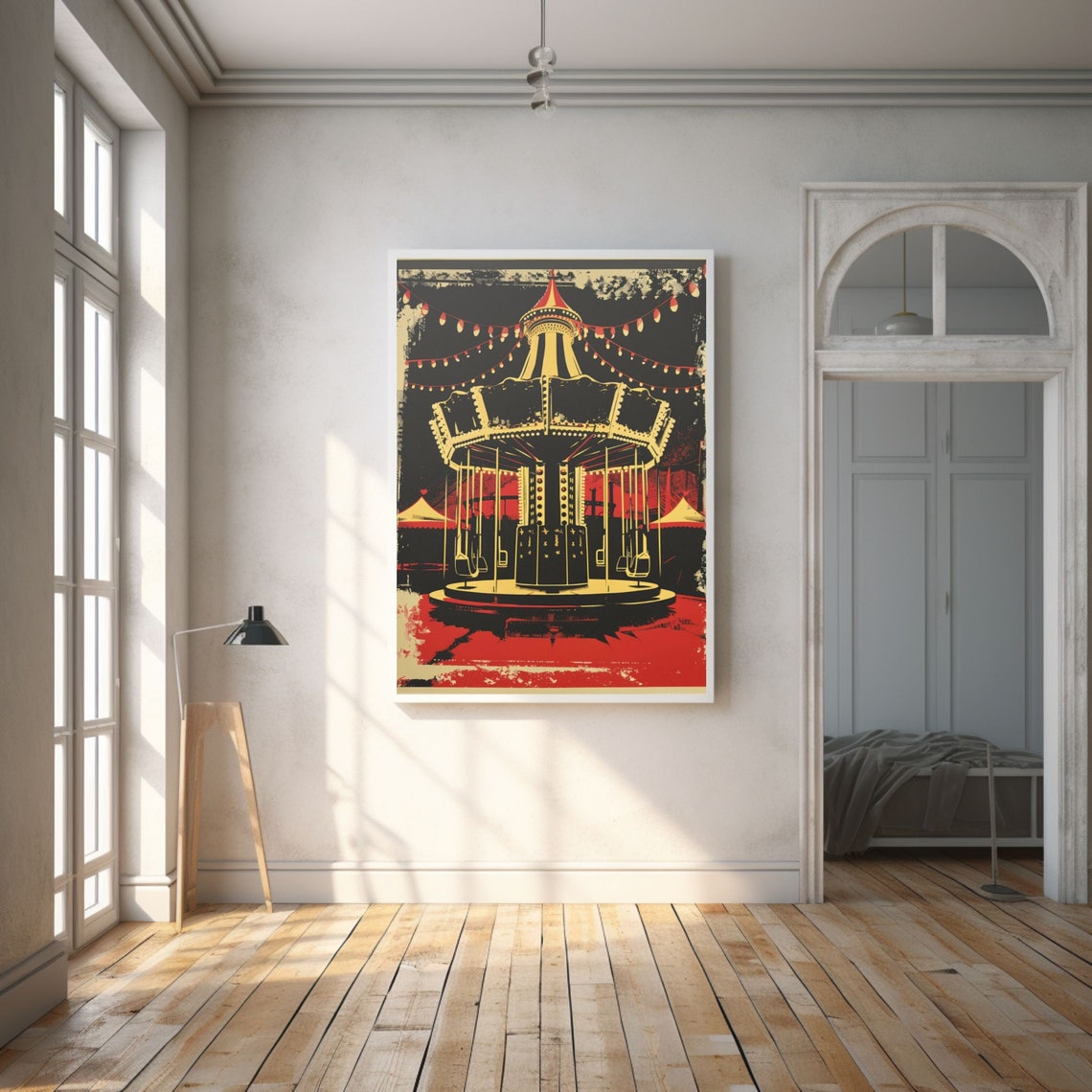 Vintage Swing Carousel Night Carnival Retro Wall Decor Poster