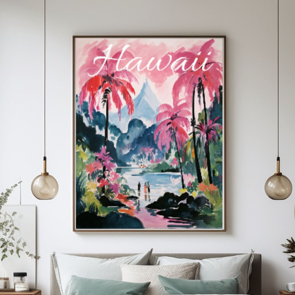 Hawaii Tropical Watercolor Pink Palm Trees Lagoon View Poster