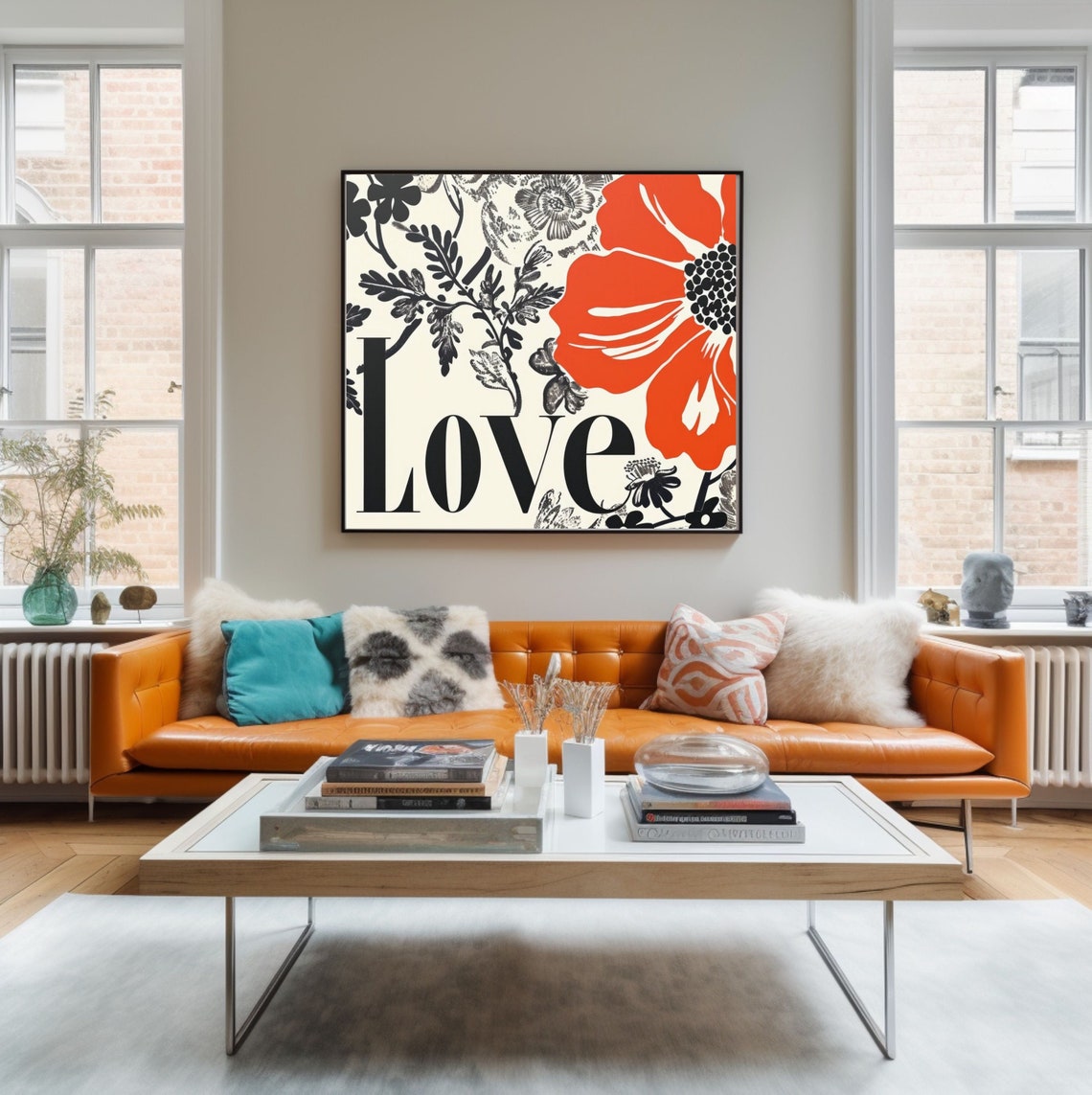 Bold Love Typography Poster With Red Poppy Floral Art Design