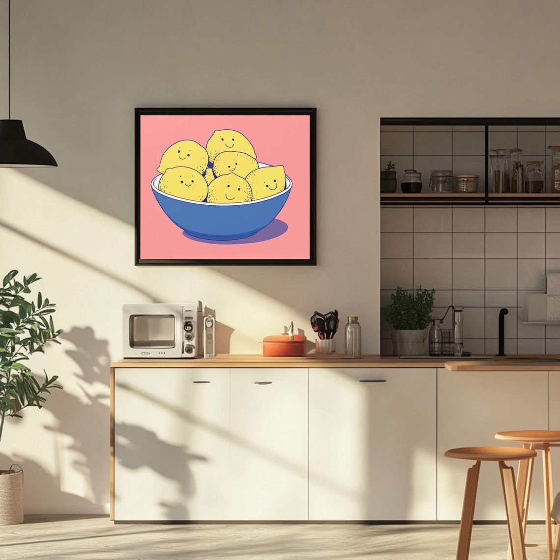 Happy Smiling Lemons in a Blue Bowl Pink Pop Art Kitchen Poster