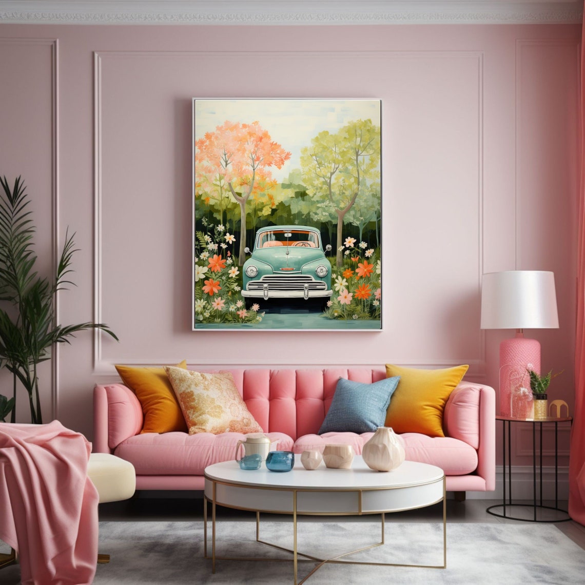 Vintage Teal Classic Car Parked In A Flower Garden Art Poster