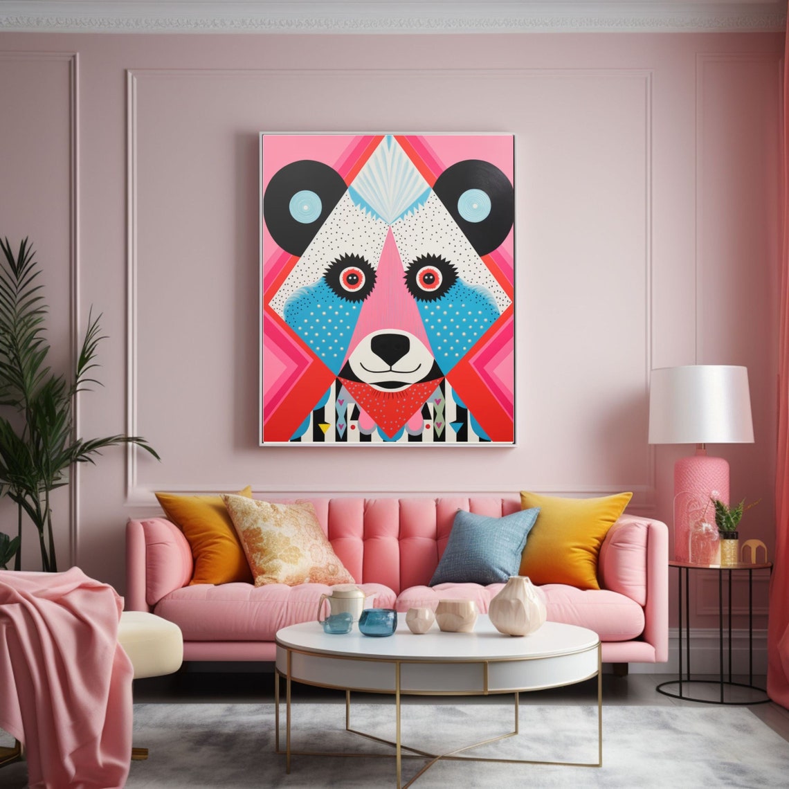 Abstract Geometric Bear Face in Pink and Blue Pop Art Poster