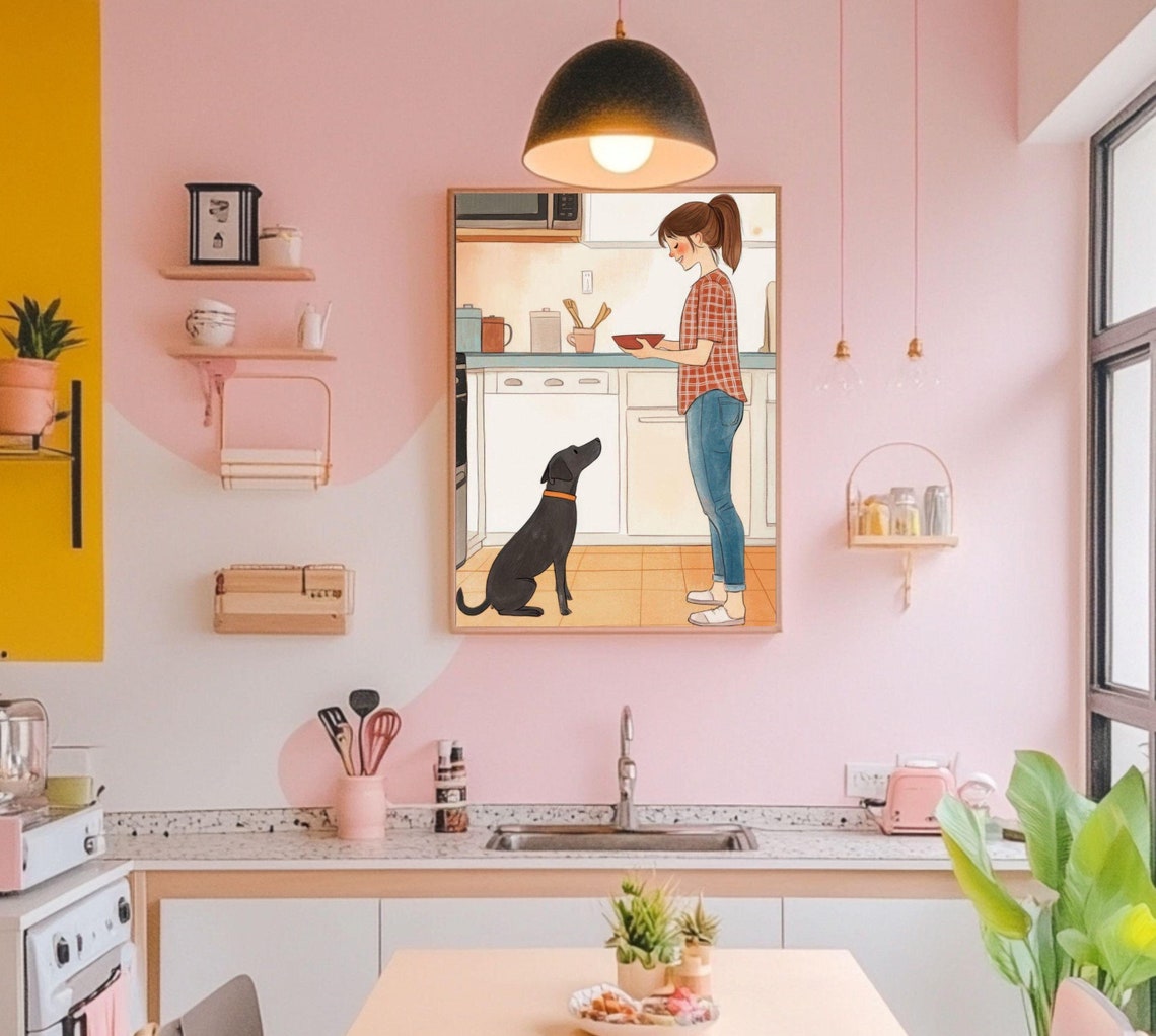 Dog Patiently Waiting In The Kitchen Cute Illustration Poster