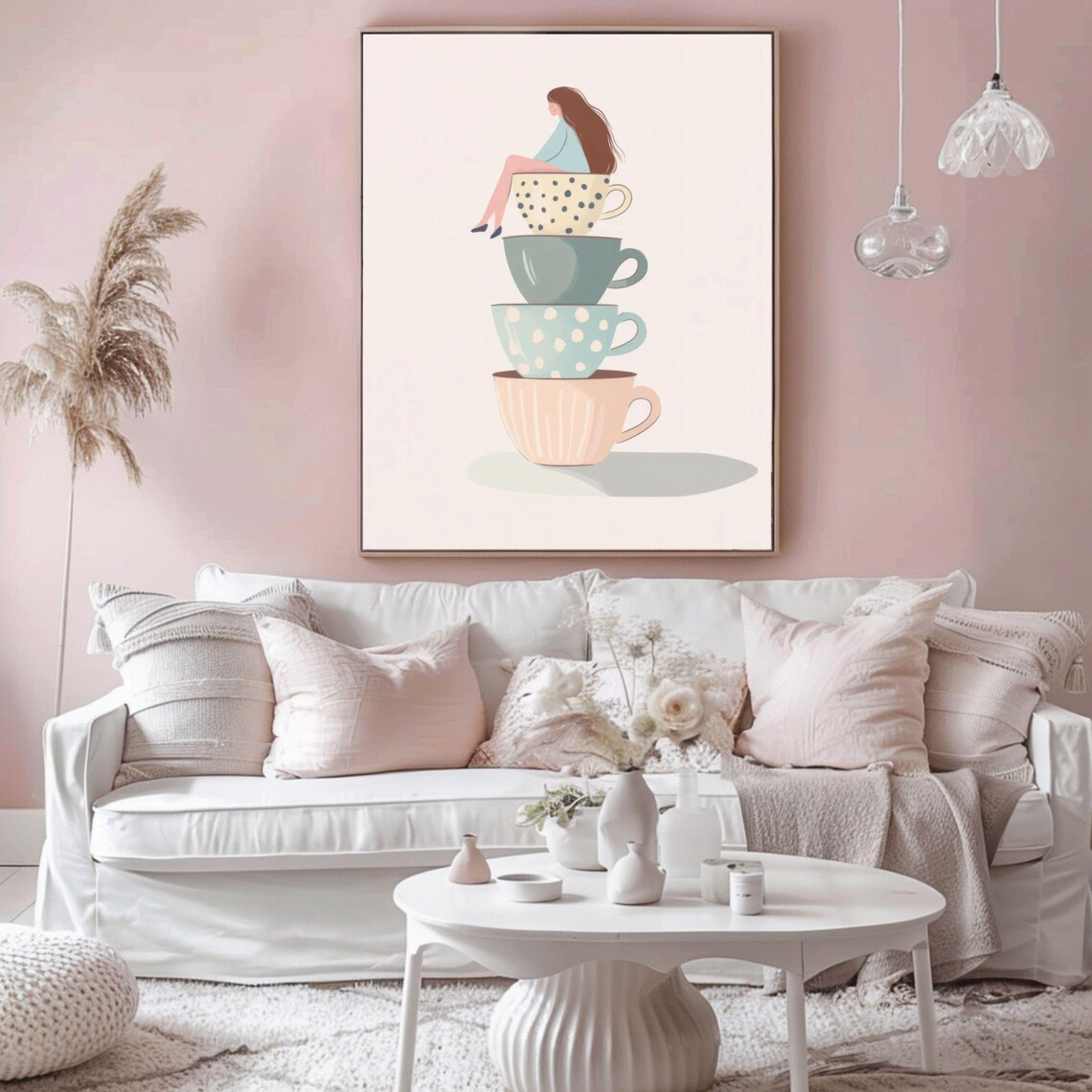 Girl And Her Teacups Wall Art Pastel Girly Wall Art Kitchen Decor Cute Poster Teacups Print Tea Art