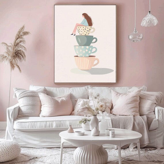 Girl And Her Teacups Wall Art Pastel Girly Wall Art Kitchen Decor Cute Poster Teacups Print Tea Art