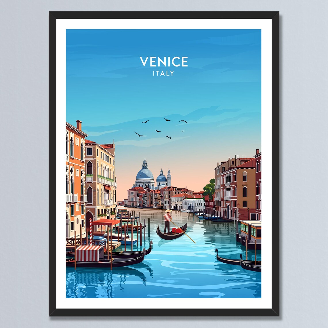 Venice Italy Blue Canal with Gondolas and Basilica Travel Poster