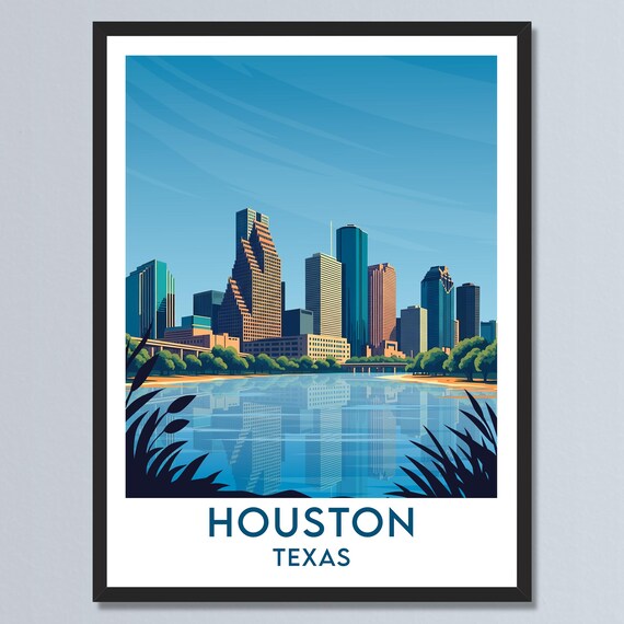 Houston Texas Skyline Over Calm Water Lakeside Morning View Poster