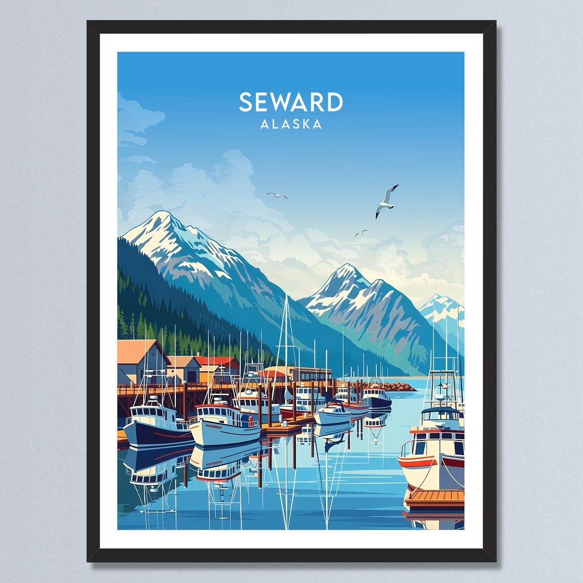 Seward Alaska Fishing Harbor Boats Snowy Peaks Waterfront Poster