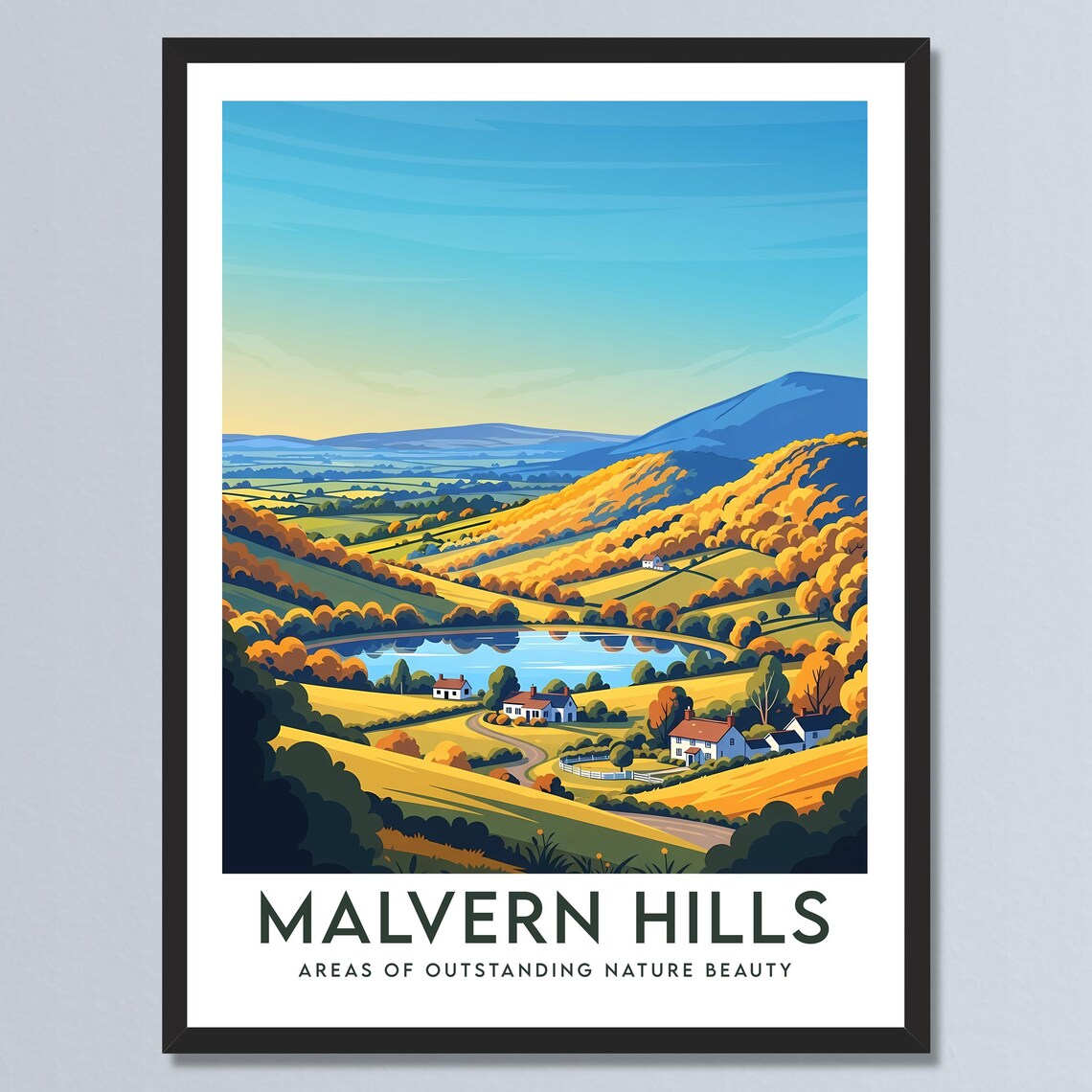 Malvern Hills Autumn Valley Lake and Cottages Vintage Travel Poster