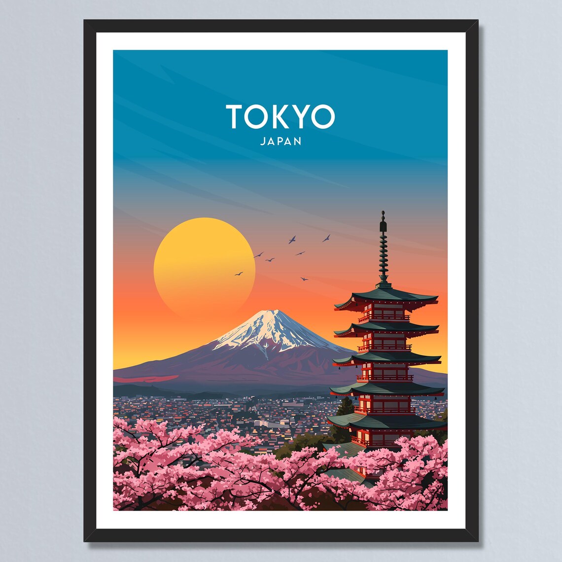 Tokyo Japan Mount Fuji Cherry Blossoms Pagoda Sunset Travel Poster