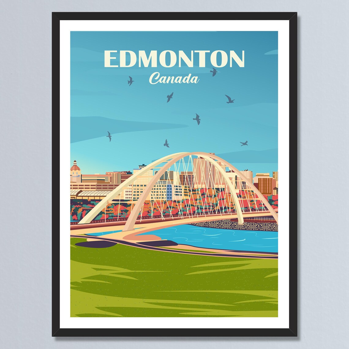 Edmonton Walterdale Bridge River Skyline Canada Retro Travel Poster