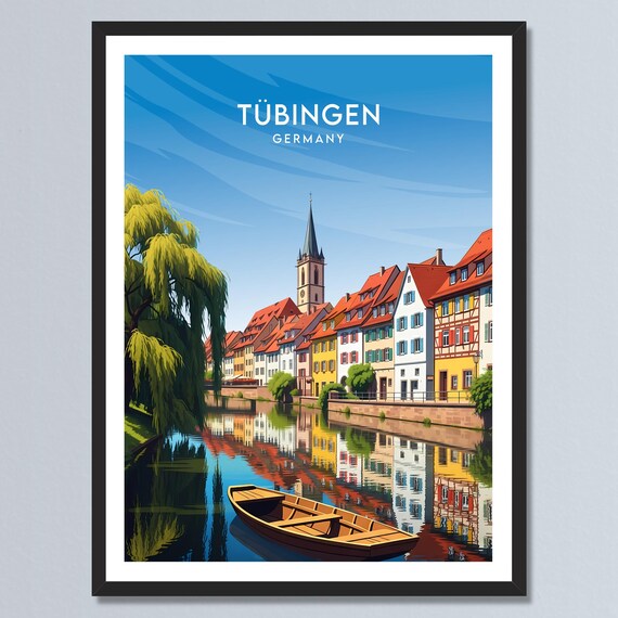 Tubingen Germany Riverside Old Town Church Retro Travel Poster