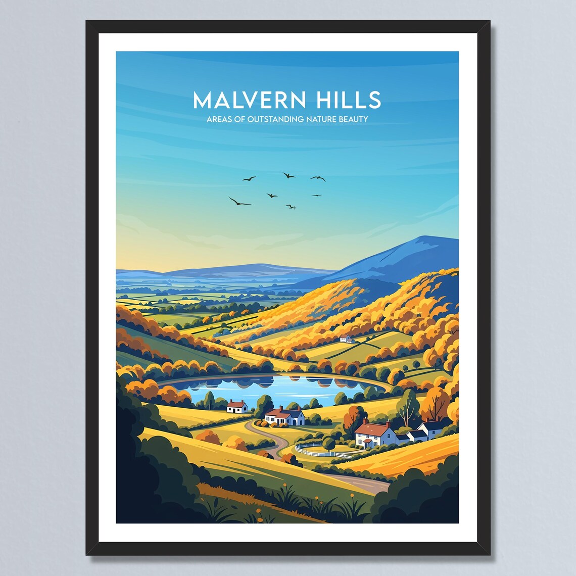 Malvern Hills Golden Autumn Countryside Lake Vintage Travel Poster