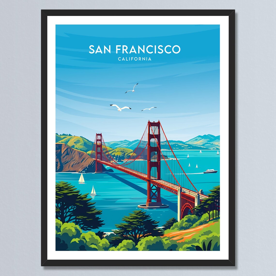 San Francisco Golden Gate Bridge Ocean View Retro Travel Poster