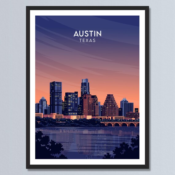 Austin Texas Sparkling City Lights Skyline Bridge Evening Poster