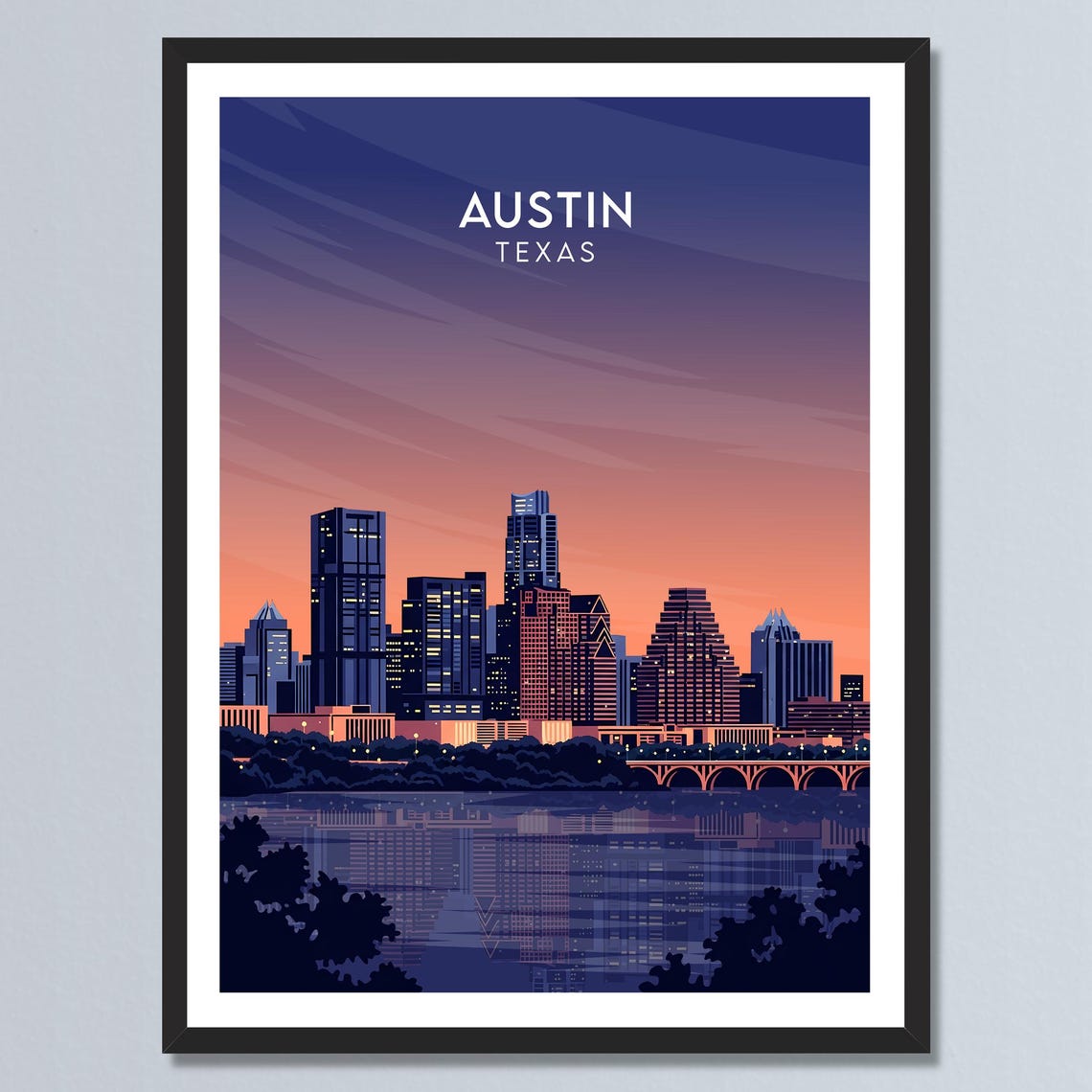 Austin Texas Sparkling City Lights Skyline Bridge Evening Poster