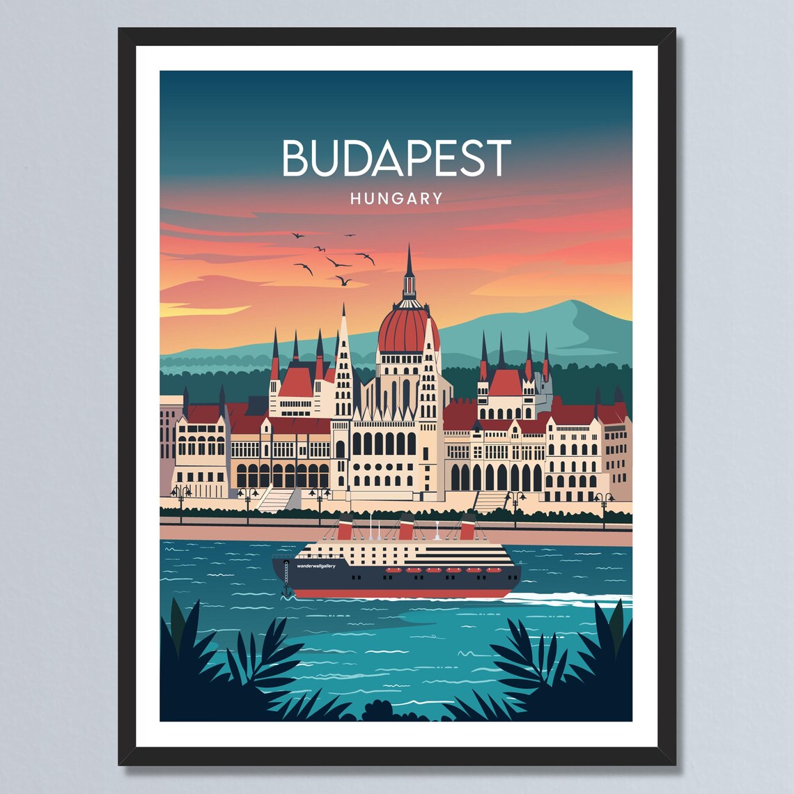 Budapest Parliament Building Danube Sunset Retro Hungary Travel Poster