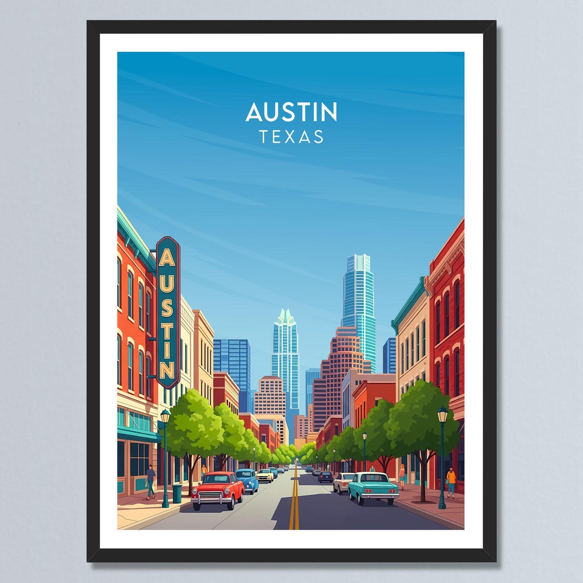 Austin Texas Retro Vintage Downtown Street Skyline Art Poster