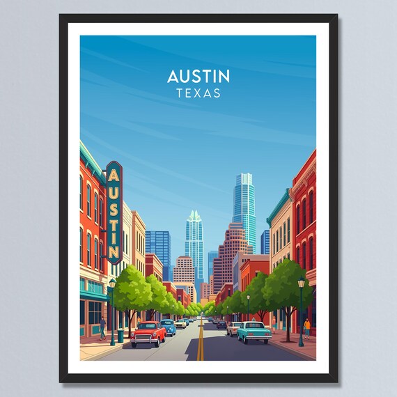 Austin Texas Retro Vintage Downtown Street Skyline Art Poster