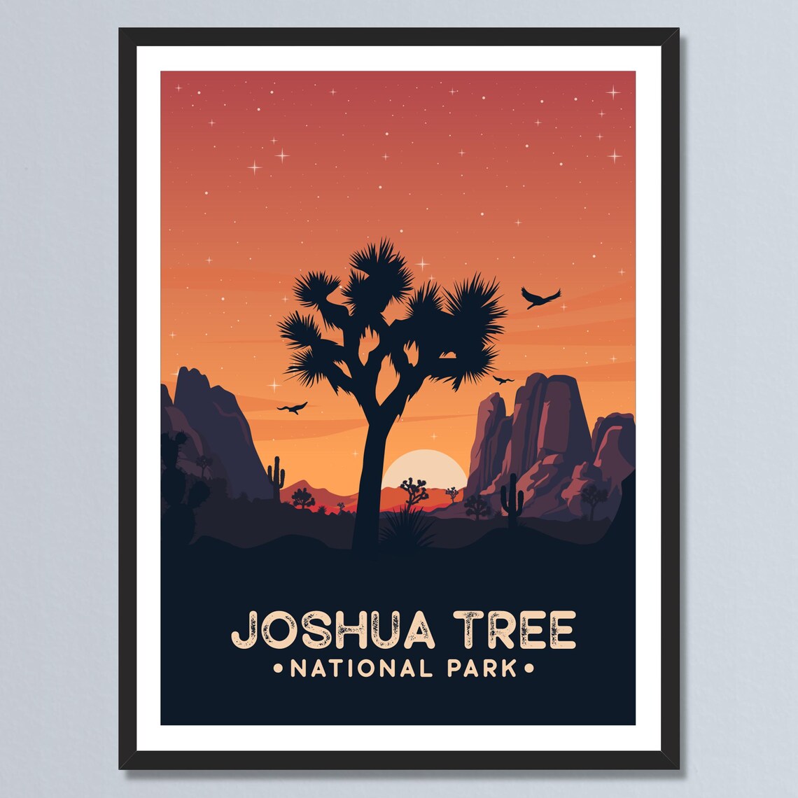 Joshua Tree Sunset Desert Silhouette Stars Retro California Travel Poster