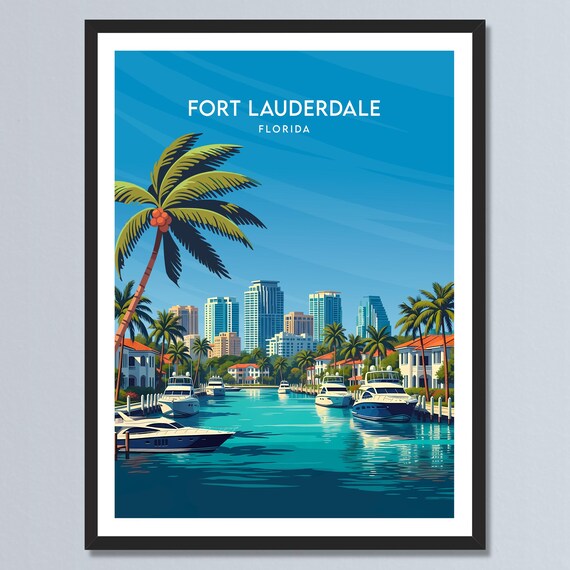 Fort Lauderdale Florida Yacht Harbor Skyline Palm Trees Poster