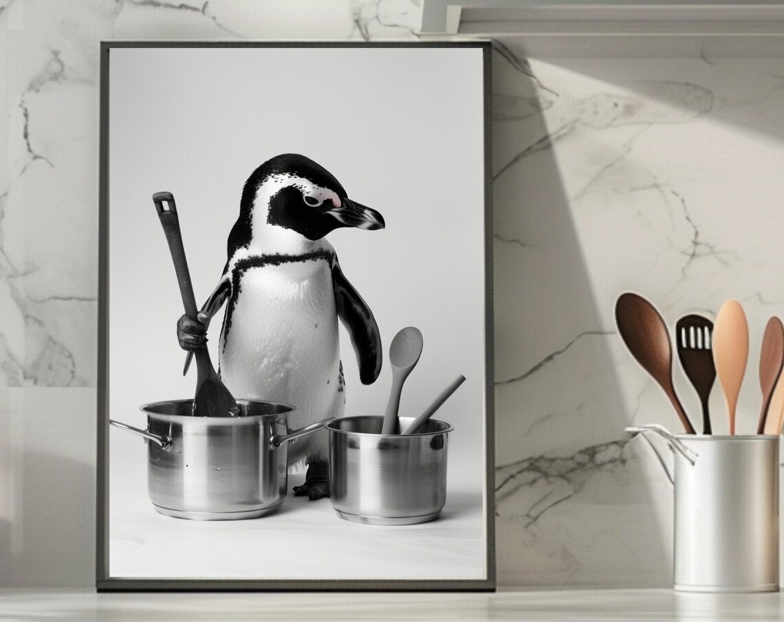 Penguin Chef Stirring Cooking Pots in the Kitchen Funny Poster