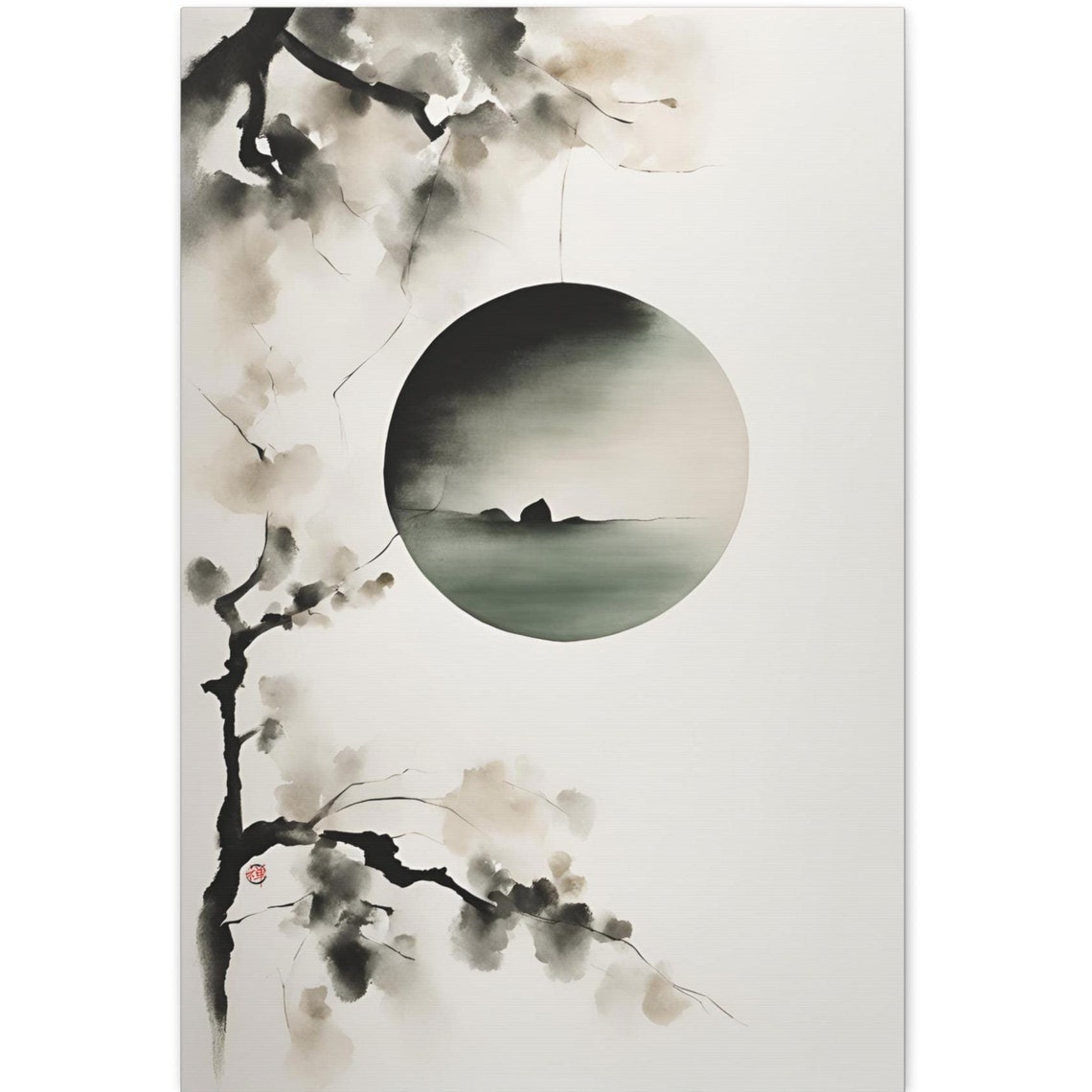 Zen Ink Wash Moon Circle Island Blossom Branches Minimalist Art Poster