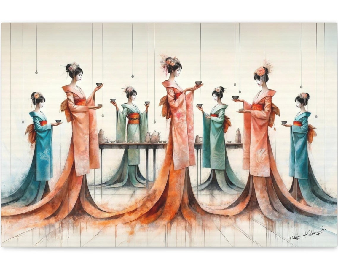 Eight Geisha Coral Teal Kimono Circle Tea Cups Watercolor Poster