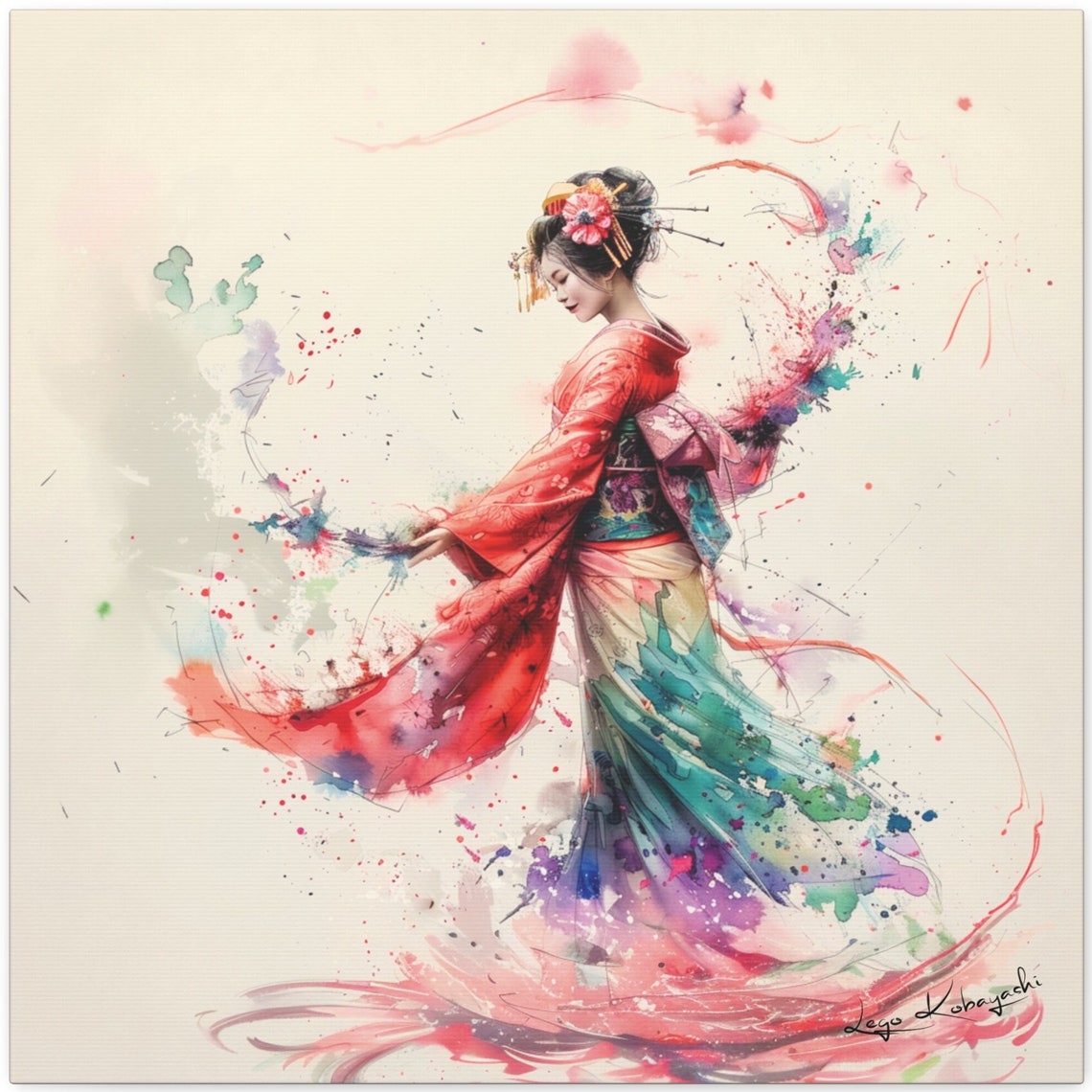 Japanese Geisha Dancing Red Kimono Splash Watercolor Motion Art Poster