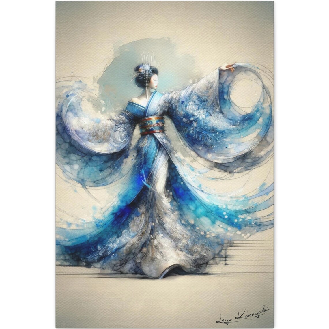 Japanese Geisha Blue Wave Kimono Dancer Watercolor Ink Painting Poster