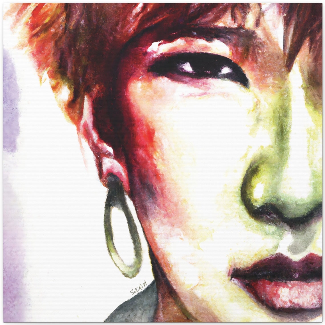 Pop Art Watercolor Winking Woman Red Lips Hoop Earring Portrait Poster