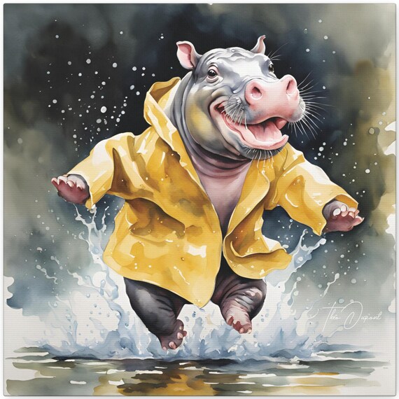 Baby Pygmy Hippo Yellow Raincoat Jumping Puddle Watercolor Poster