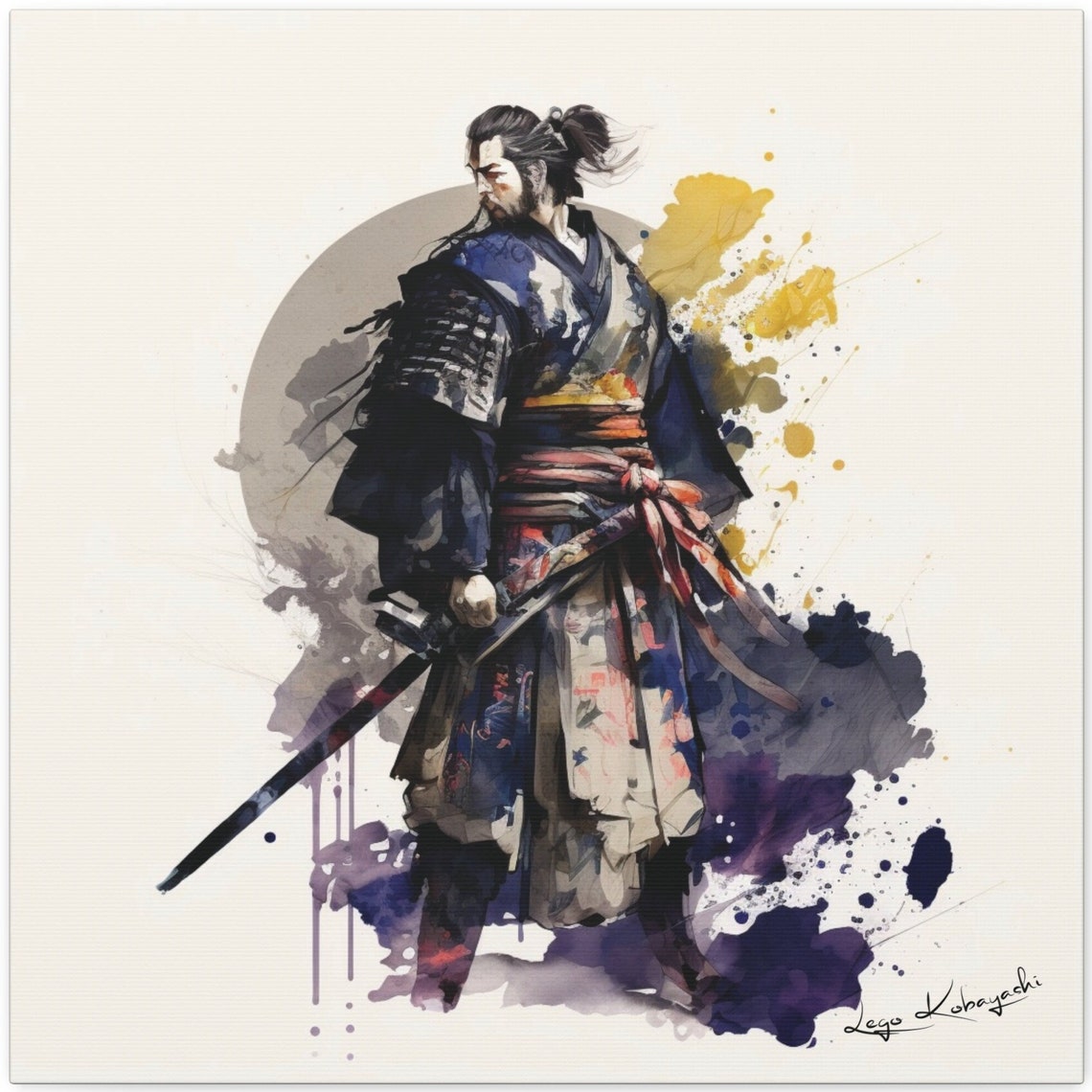Japanese Samurai Warrior Armor Katana Ink Splash Watercolor Poster
