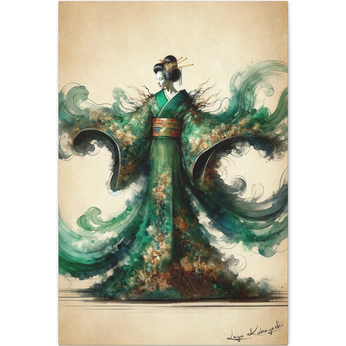 Japanese Geisha Emerald Green Kimono Golden Hairpins Watercolor Poster