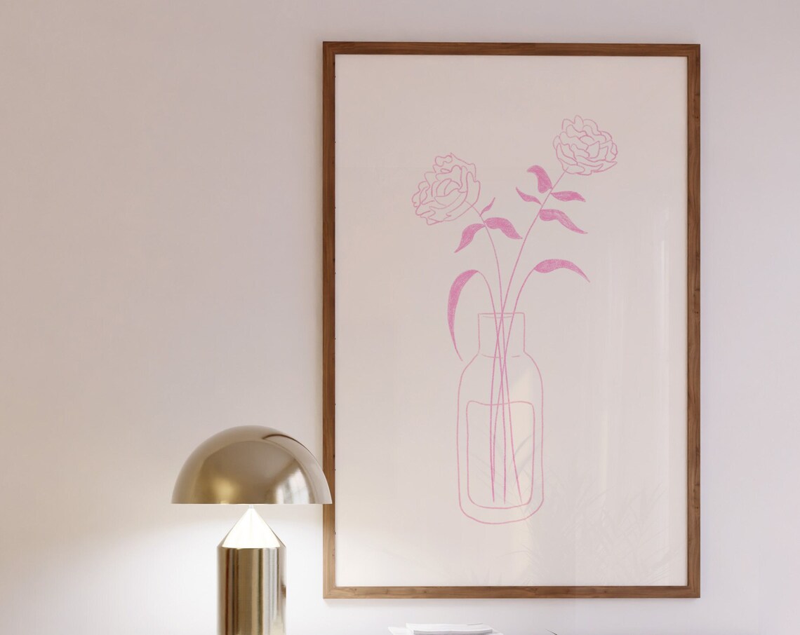 Pink Roses Line Art Vase Minimalist Peony Sketch Botanical Room Poster - Image 3