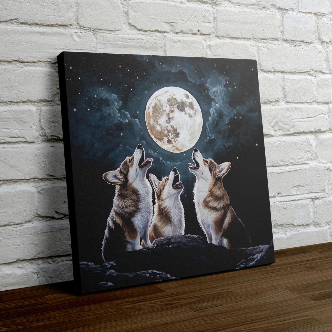 Three Corgis Howling Together At The Full Moon Starry Night Poster - Image 4
