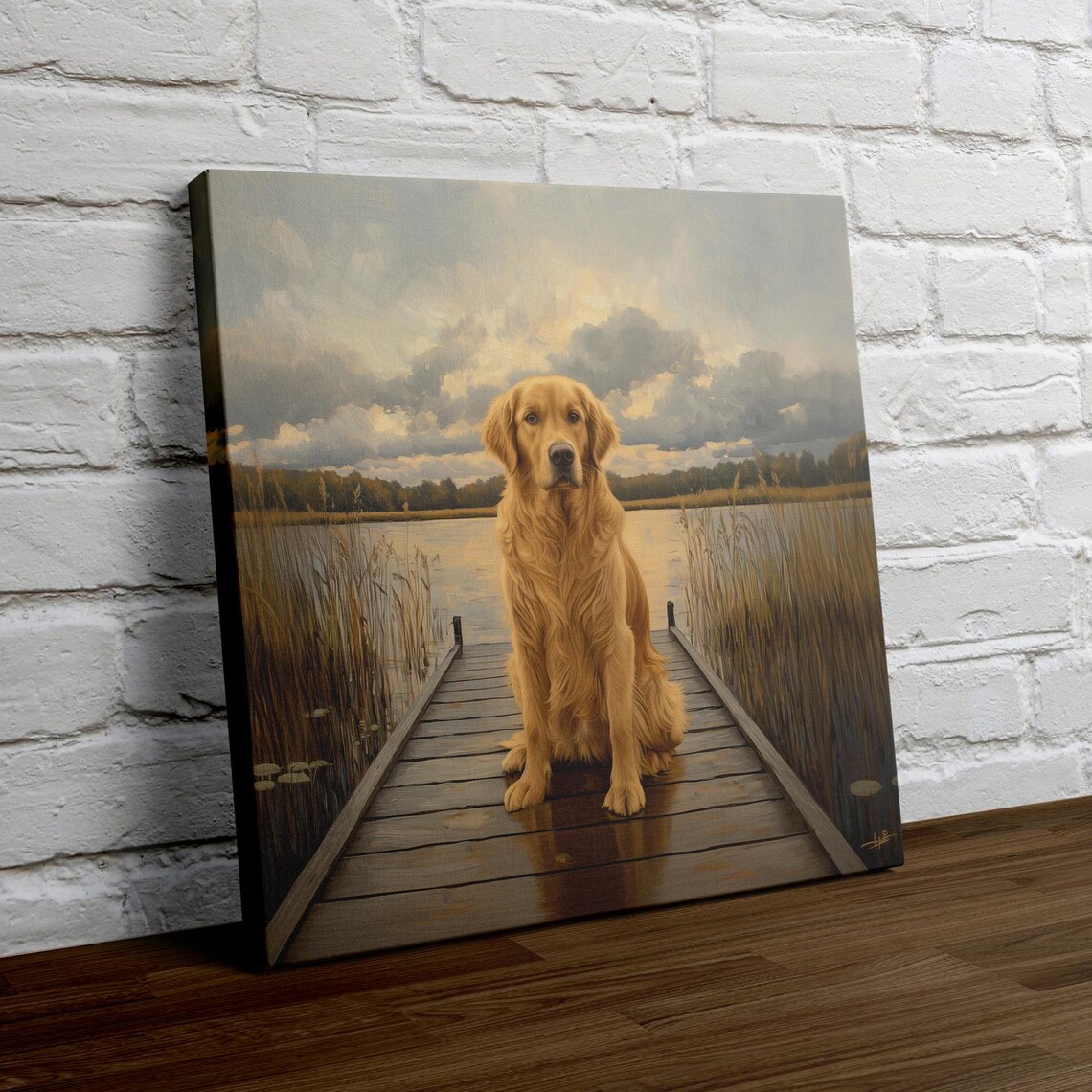 Golden Retriever Sitting on a Wooden Dock at the Lake Poster - Image 4