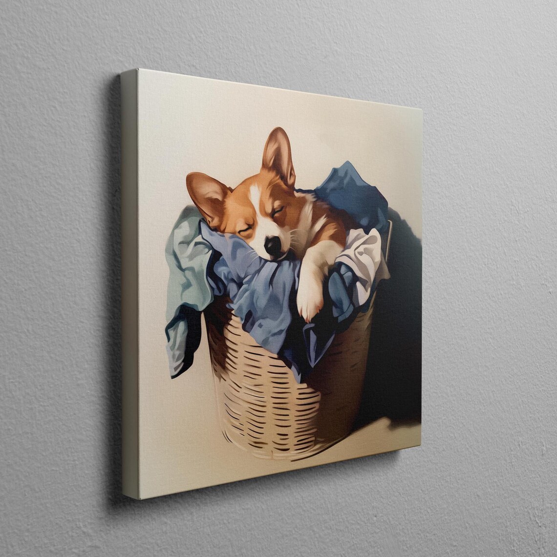 Corgi Laundry Room Art Print, Sleeping in Basket - Image 2