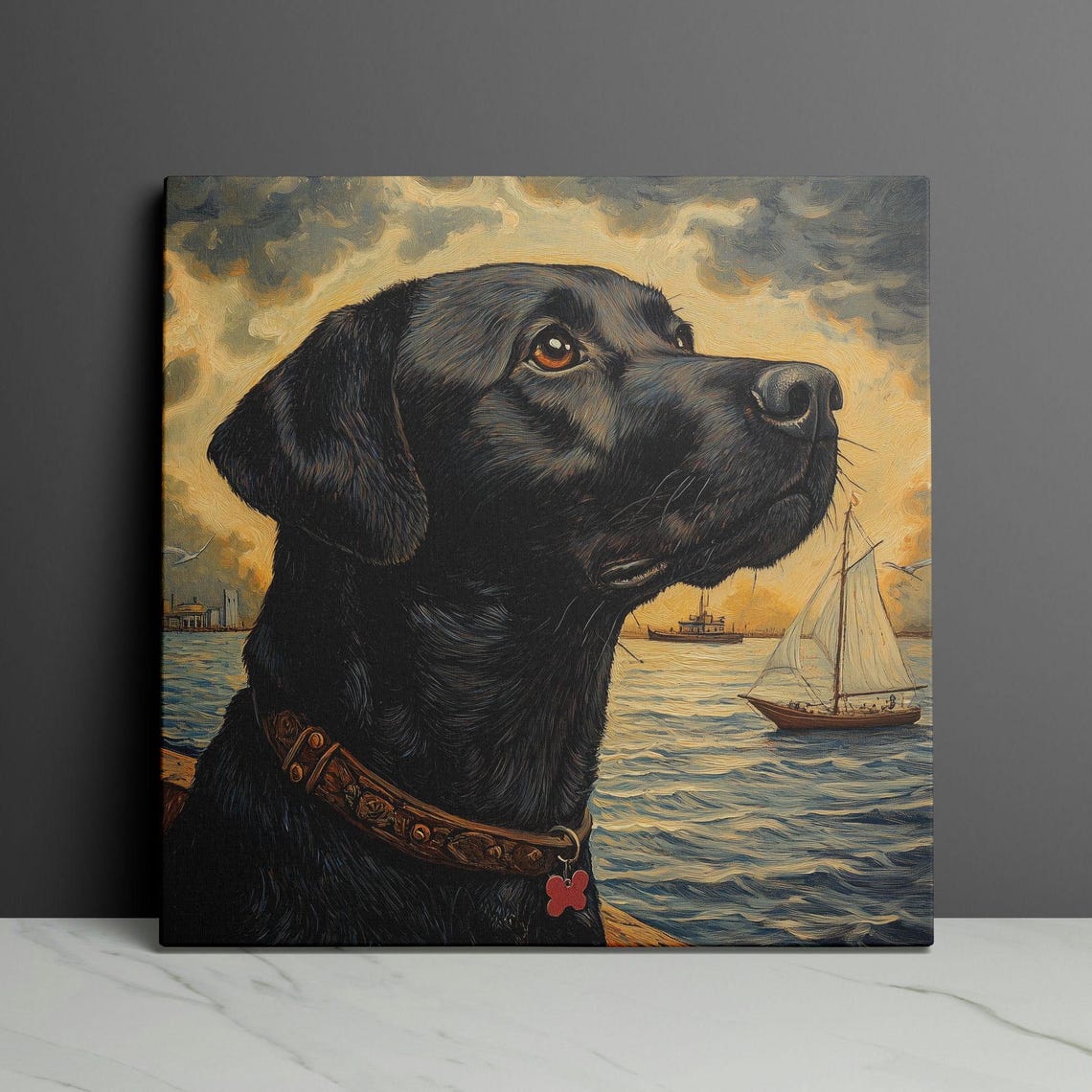 Black Labrador On A Boat At Sunset Watching A Sailboat Poster - Image 3