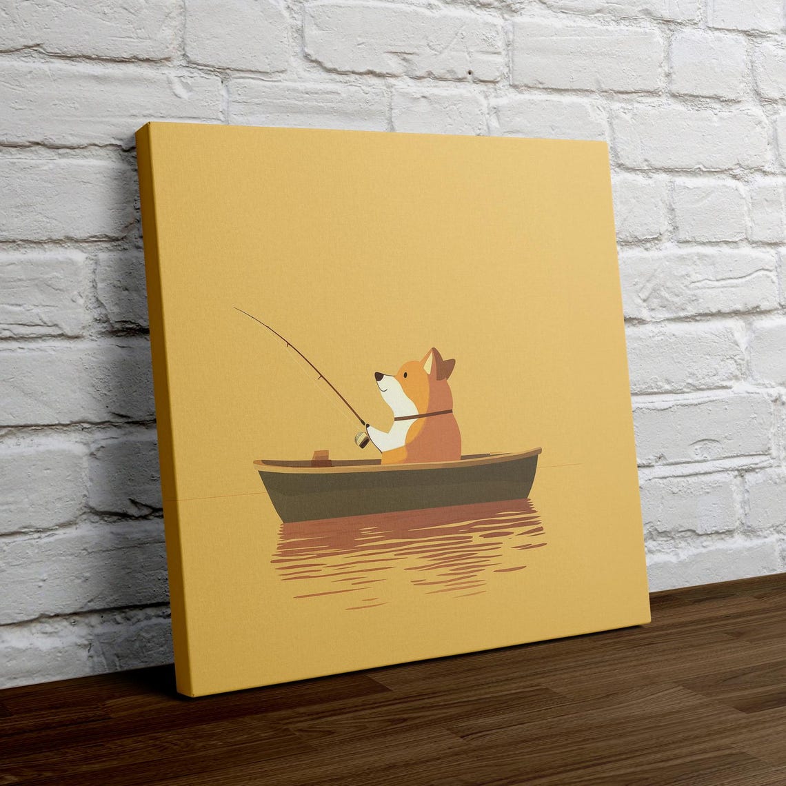 Kids Fishing Art Cute Fishing Corgi In Boat Yellow Wall Art Print Corgi Fisherman Print With 15 Wrapped Edge - Image 4