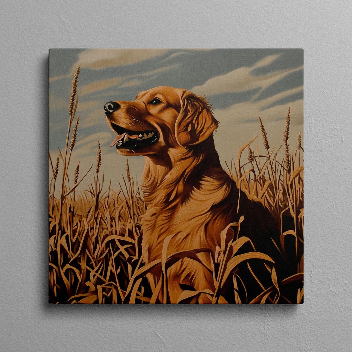 Golden Retriever Sitting In A Golden Wheat Field At Sunset Poster