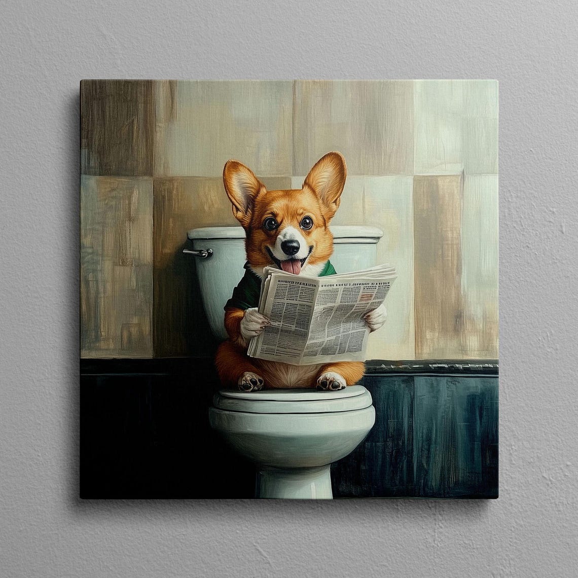 Corgi Sitting On A Toilet Reading The Newspaper Funny Bathroom Poster