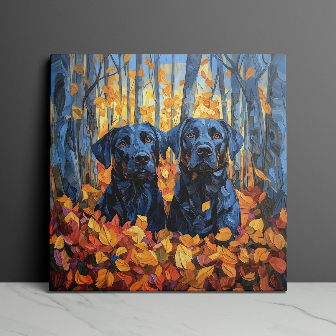 Two Black Labs In An Autumn Forest Full Of Colorful Leaves Poster - Image 3