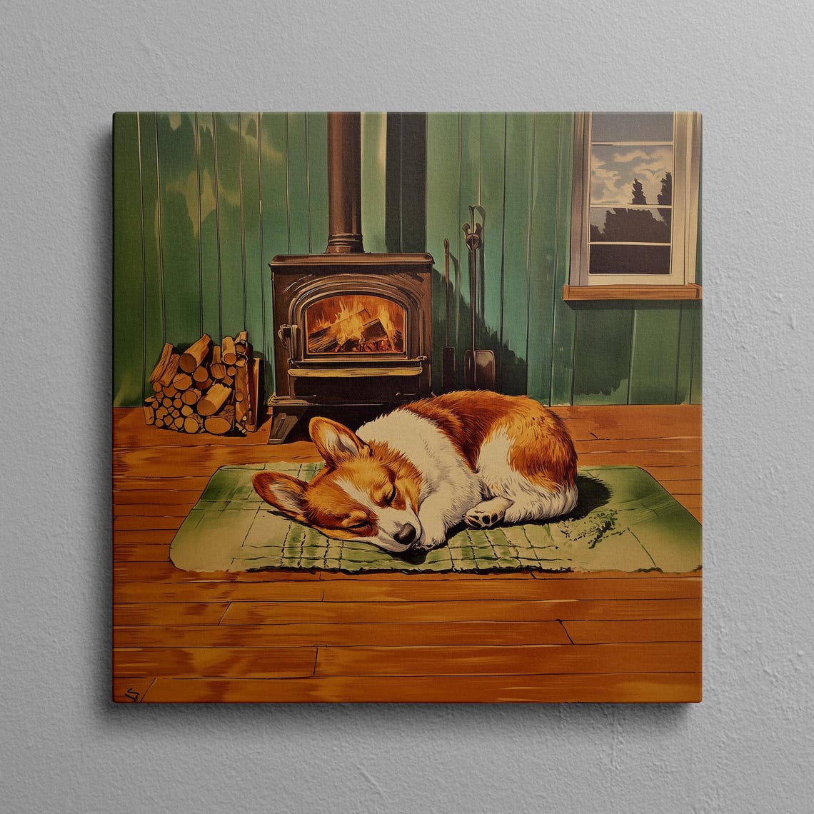 Sleeping Corgi Napping by a Warm Wood Stove Vintage Cabin Poster