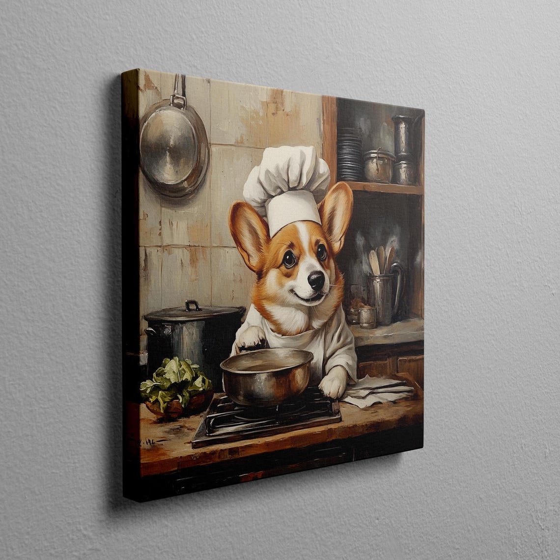 Corgi Chef Portrait Wearing a Chef Hat in Rustic Kitchen Poster - Image 2