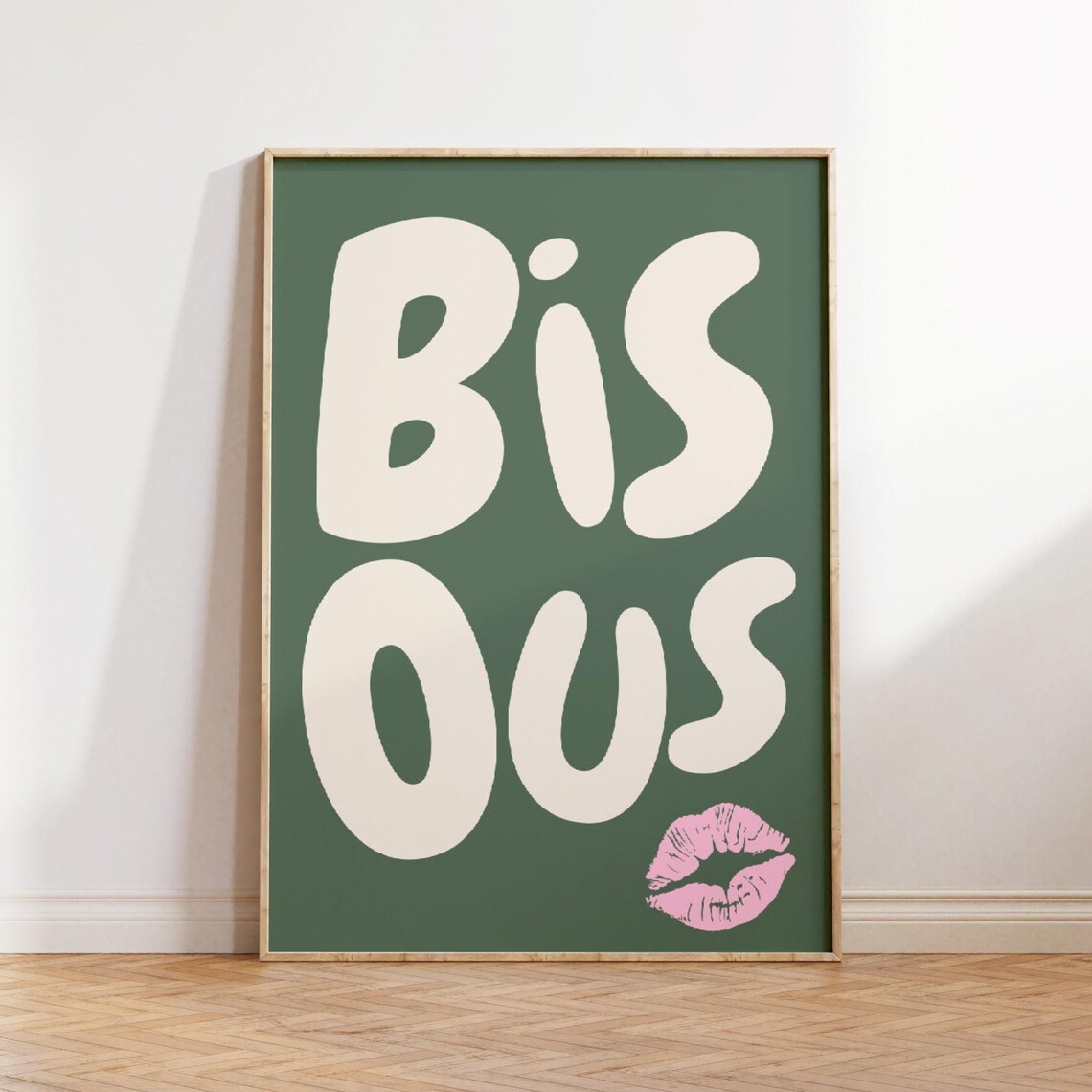 Bisous Cream Bubble Lettering Sage Green Pink Kiss Mark Poster